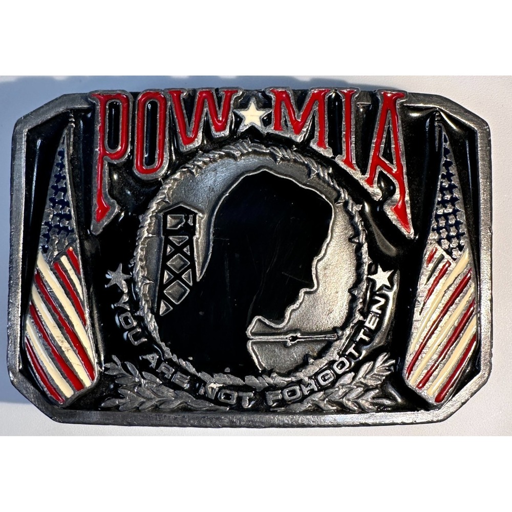 VTG Belt Buckle POW MIA Z-52/A Bergamot USA Pewter 1970s You Are Not Forgotten